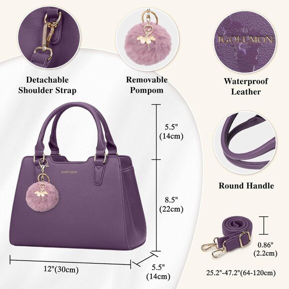 Women Purple PU leather Top-Handle Waterproof Anti Theft Leather Purse Handbag - Picture 4 of 7